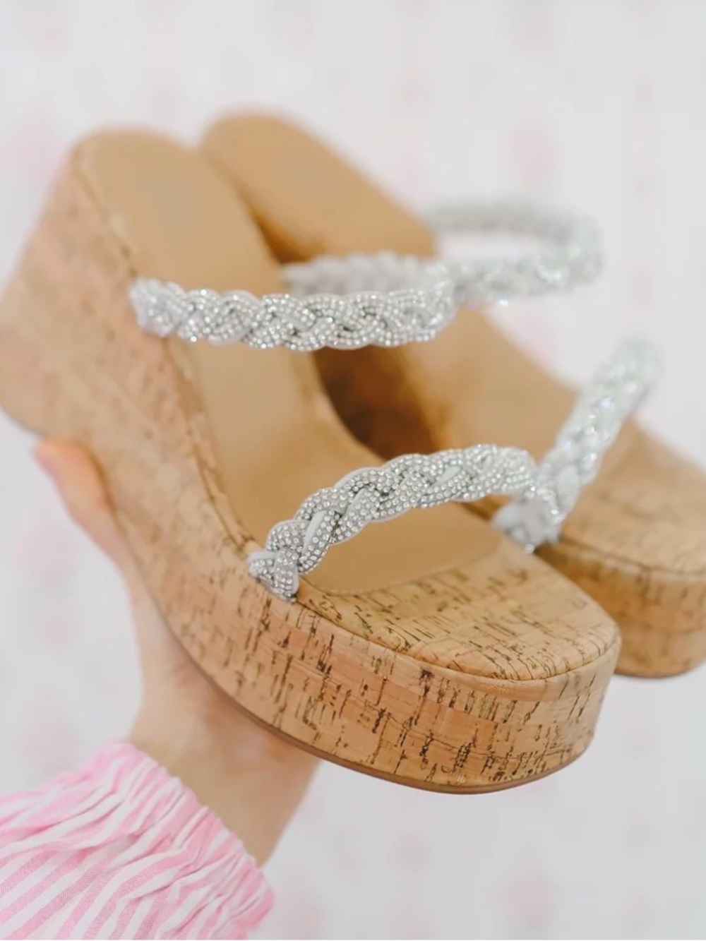 New!! Size 9 - Crystal Strap Cork Wedge Sandals - Silver